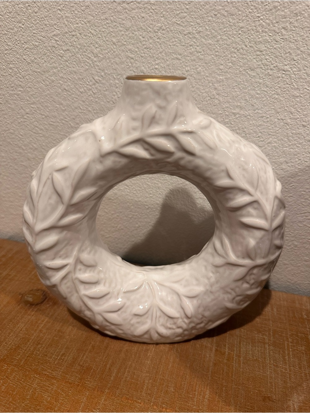 Source Unknown White Ceramic Ring Vase with Gold Accent
